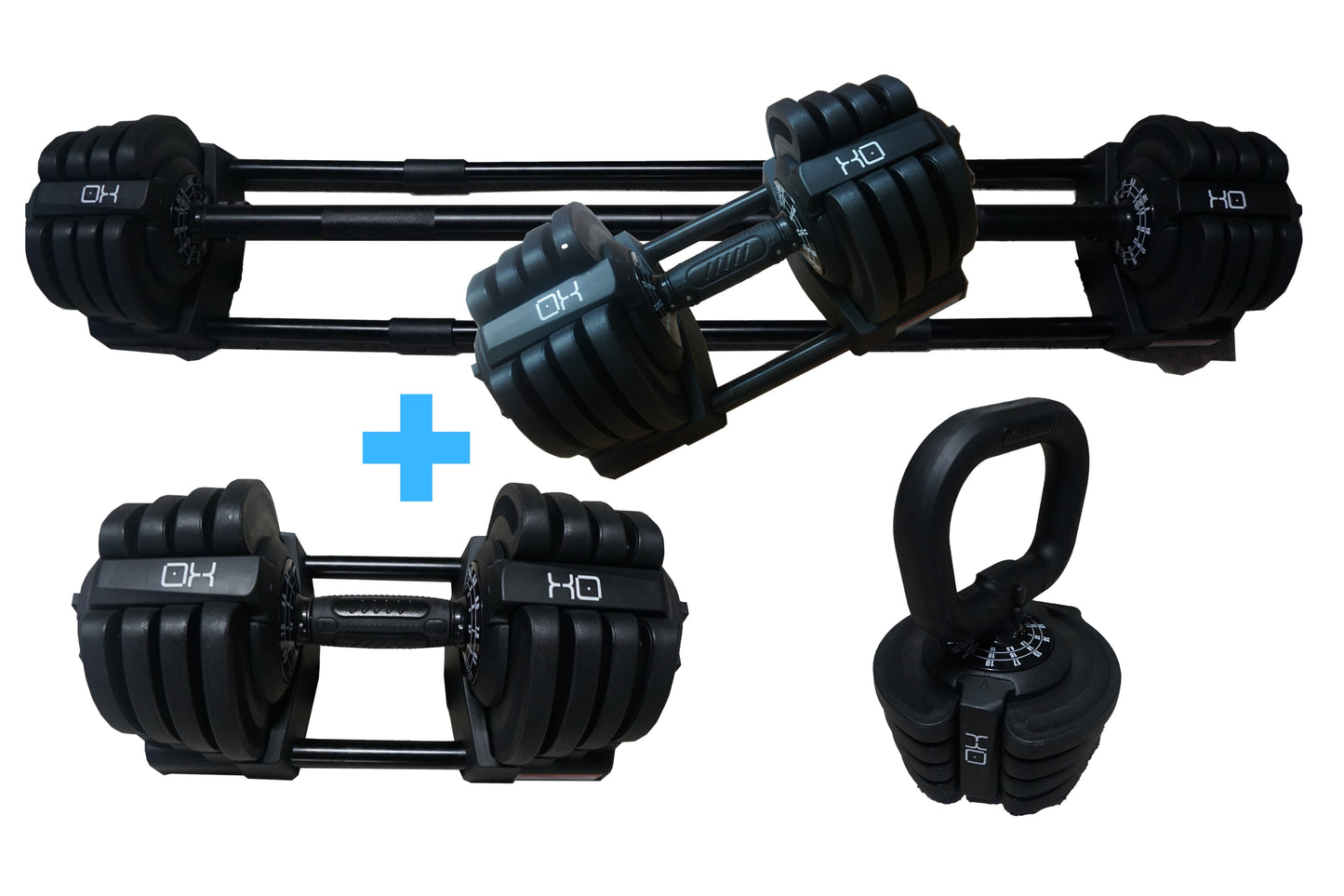 OXi+ | 36KG 3-in-1 Adjustable Dumbbells, Barbell & Kettlebell + Add Extra Steel Changeable Weight Dumbbell