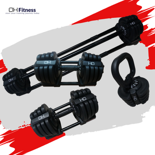 OXi+ | 36KG 3-in-1 Adjustable Dumbbells, Barbell & Kettlebell + Add Extra Steel Changeable Weight Dumbbell