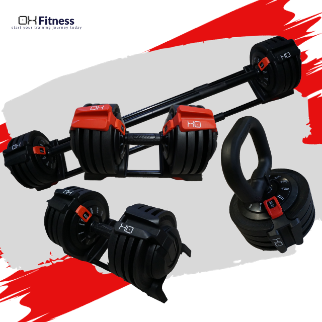 OXi+ | 48KG 3-in-1 Adjustable Dumbbells, Barbell & Kettlebell + Extra Steel Changeable Weight Dumbbell