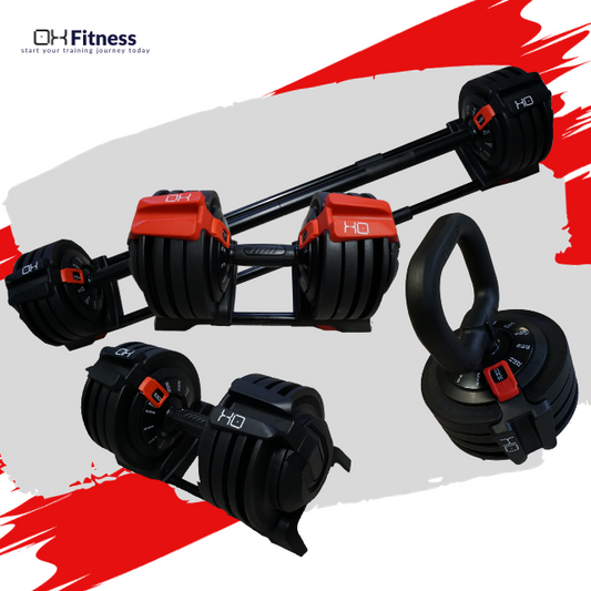 OXi+ | 48KG 3-in-1 Adjustable Dumbbells, Barbell & Kettlebell + Extra Steel Changeable Weight Dumbbell